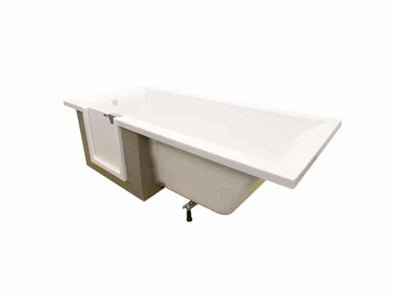 Baignoire neuve Variodoor avec porte intégrée fermée, montrant l'accès de plain-pied et les finitions sur mesure